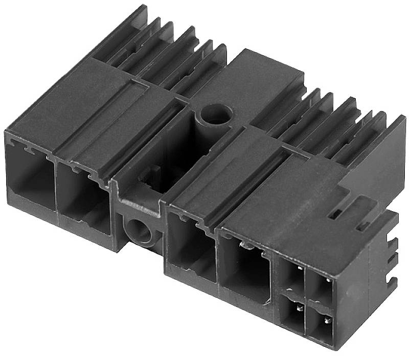 Connecteur en plastique noir avec plusieurs prises rectangulaires, adapté aux connexions électroniques.