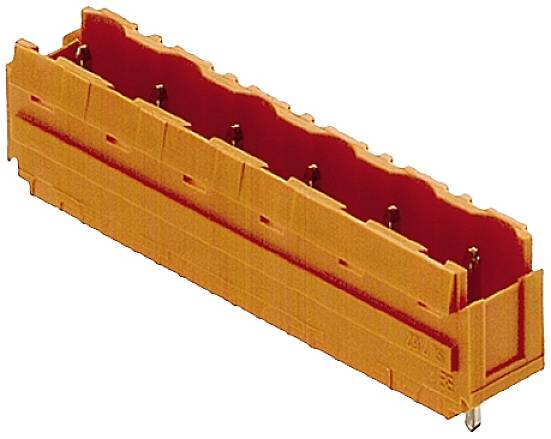 Un connecteur électrique orange avec des broches métalliques et des encoches latérales. Utilisé en électronique pour les connexions.
