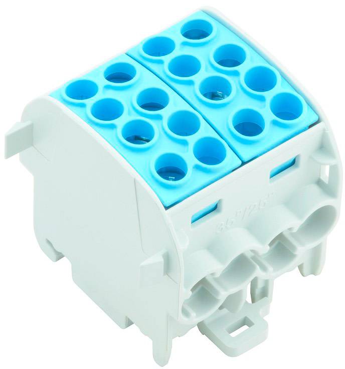 Bloc de bornes en plastique avec surface supérieure bleue, adapté pour les connexions électriques.