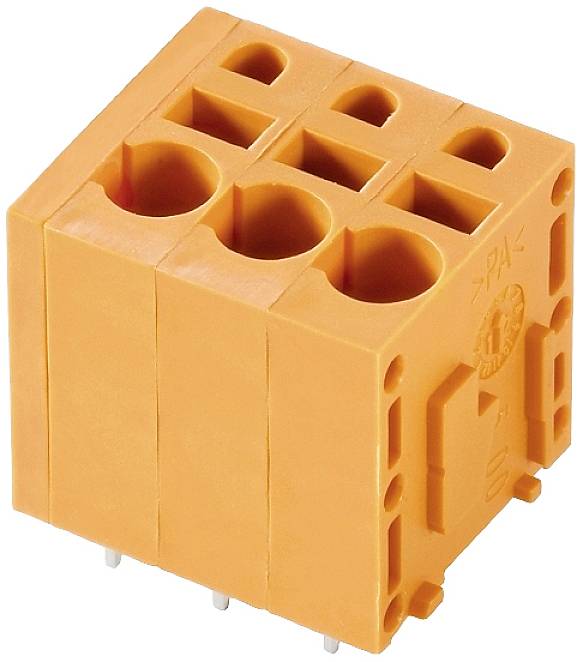 Connecteur électrique orange à quatre bornes de raccordement, adapté pour un montage sur circuit imprimé, montrant les détails de sa construction.