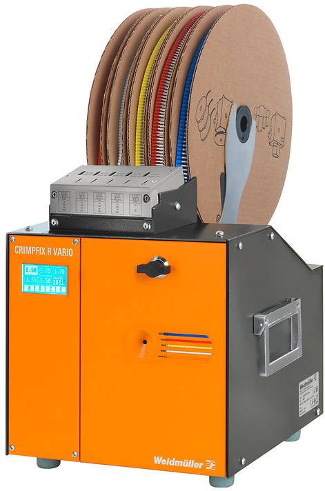 Machine à sertir avec cinq bobines de câbles de couleur sur le dessus. Appareil pour applications industrielles, de couleur orange et grise, marque 'Weidmüller'.