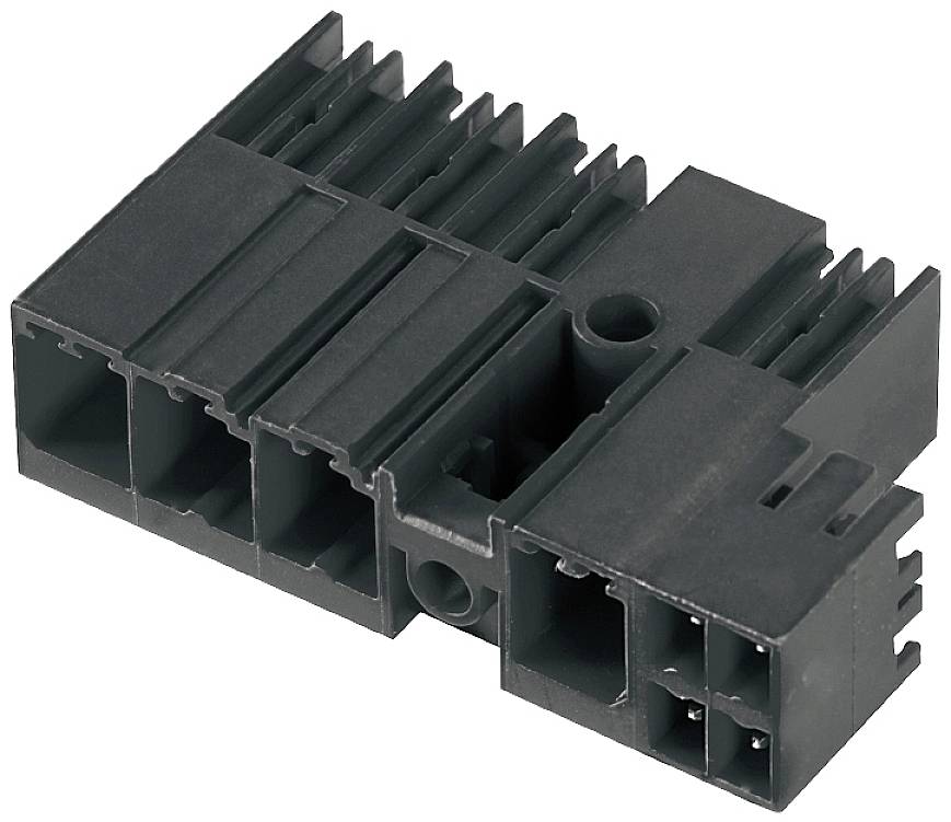 Un boîtier de connexion en plastique noir avec plusieurs ouvertures et nervures sur les côtés pour la dissipation thermique.