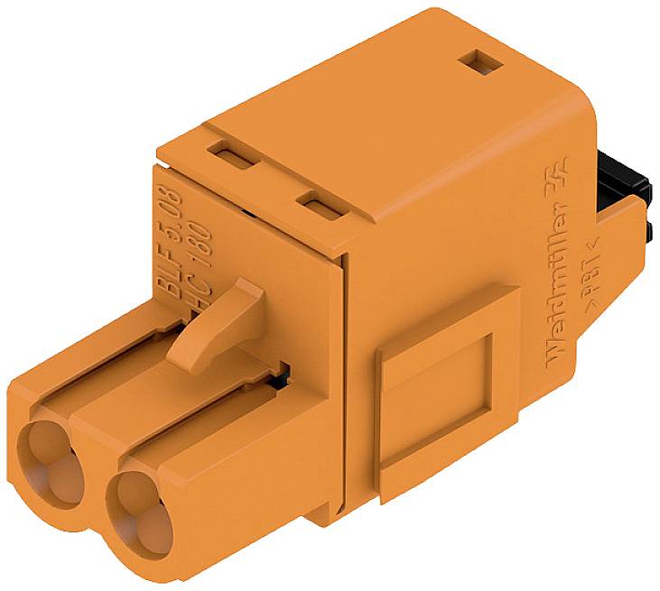 Connecteur orange de Weidmüller avec boîtier rectangulaire et deux emplacements de raccordement, adapté aux connexions électriques.
