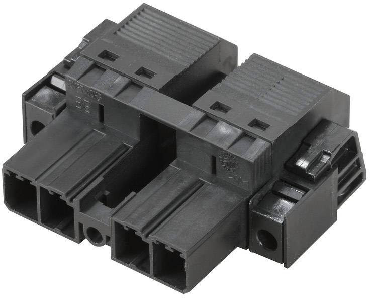 Un connecteur électrique noir, rectangulaire, avec plusieurs points de connexion, présenté en orientation verticale.