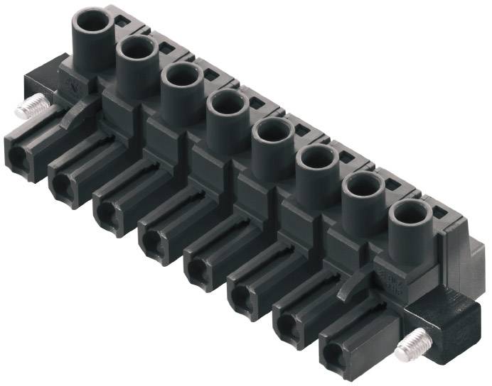 Bloc de connexion électronique noir avec huit bornes utilisées pour le câblage, avec des vis de fixation latérales visibles.