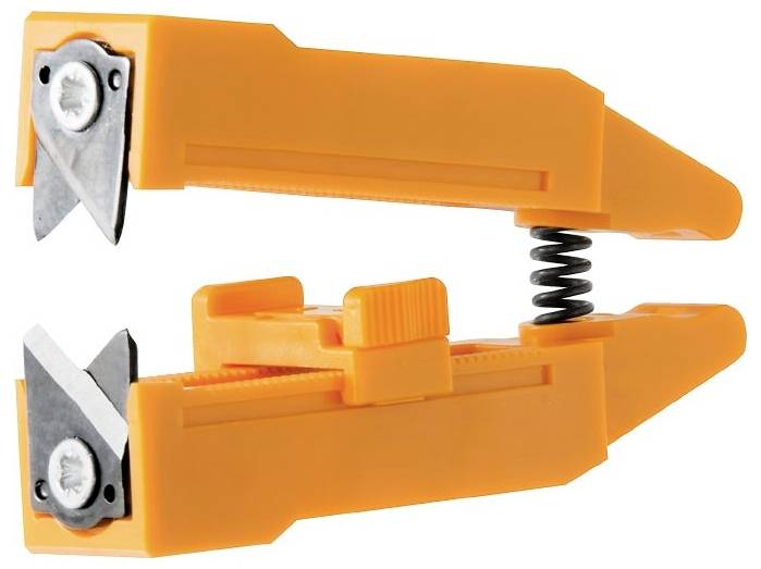 Outil dénudeur de câbles orange avec un design à double lame et un ressort central, utilisé pour couper et dénuder efficacement les fils électriques.