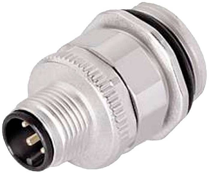 Un connecteur cylindrique argenté à broches multiples, adapté aux applications industrielles.