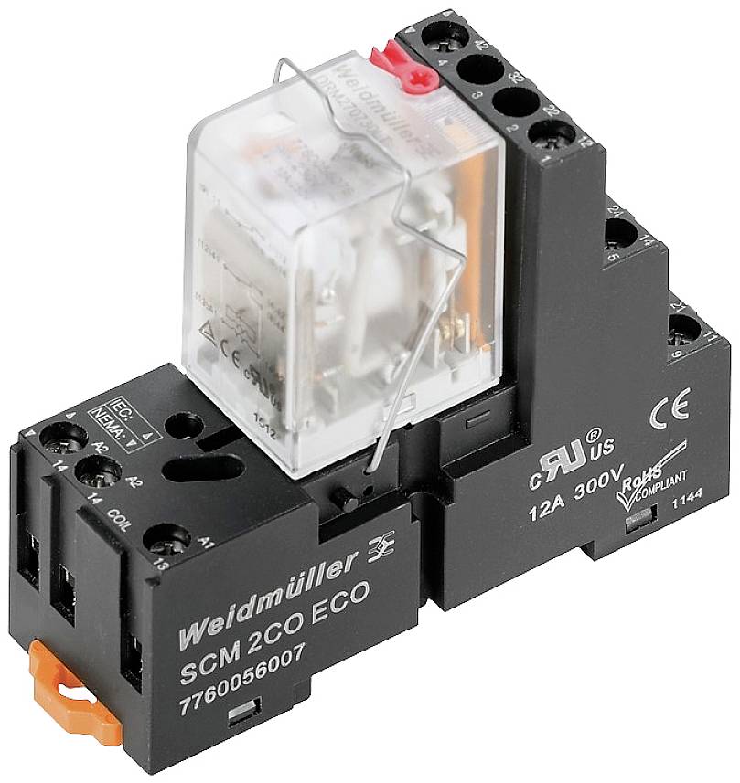 L'image montre un relais électrique noir de la marque Weidmüller, modèle SCM 2CO ECO, avec un boîtier transparent.