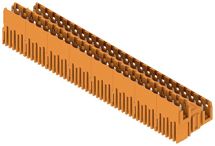 Long, orange profilé de goulotte avec fentes latérales, destiné au guidage et à la protection organisés des câbles dans les installations électriques.