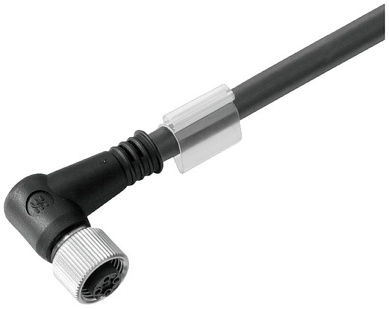 Un câble de connexion noir, coudé, avec un embout gris et un clip transparent, probablement destiné à des appareils électroniques.