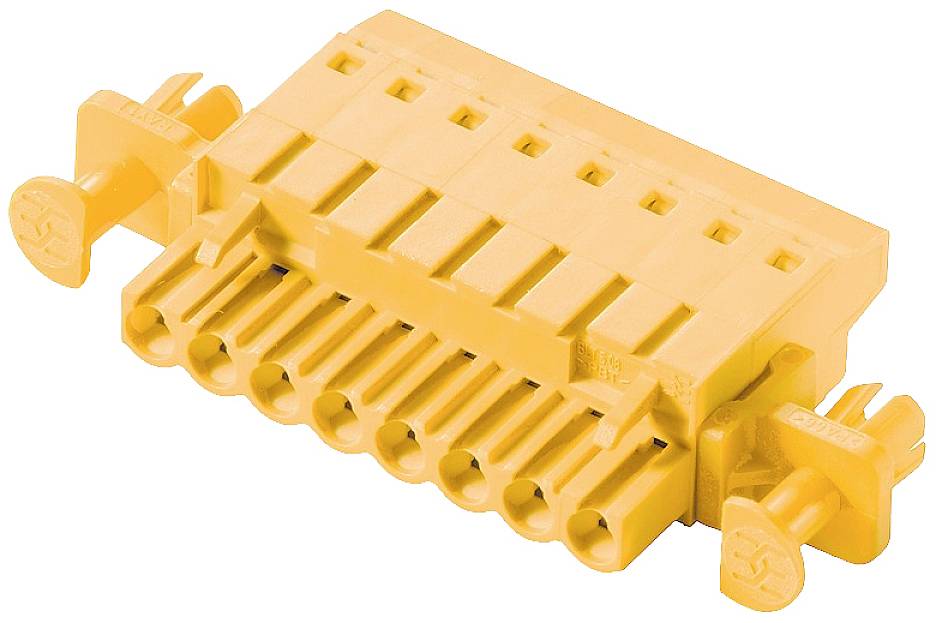 Un connecteur électrique jaune avec plusieurs emplacements et deux verrous latéraux.