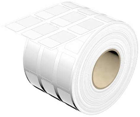 Un rouleau d'étiquettes autocollantes rectangulaires, partiellement déroulé. Idéal pour l'impression d'étiquettes et le marquage.