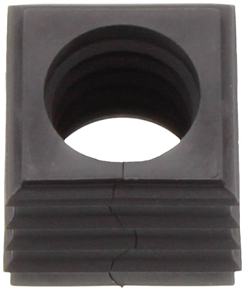 Une pièce en plastique noir nervurée avec un trou central rond, pouvant servir d'élément d'amortissement ou de guidage.