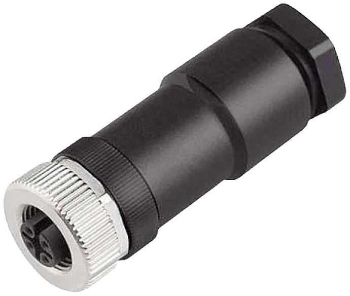Connecteur cylindrique noir avec bagues métalliques et trois zones de raccordement, utilisé pour les câblages industriels.