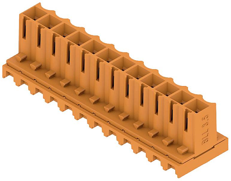 Une borne de connexion orange avec plusieurs points de raccordement pour la fixation de câbles électriques dans un dispositif technique.