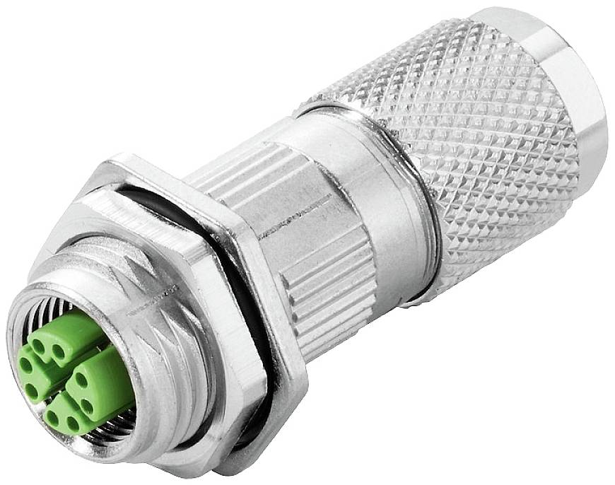 Connecteurs métalliques avec bornes internes vertes, adaptés aux connexions industrielles.