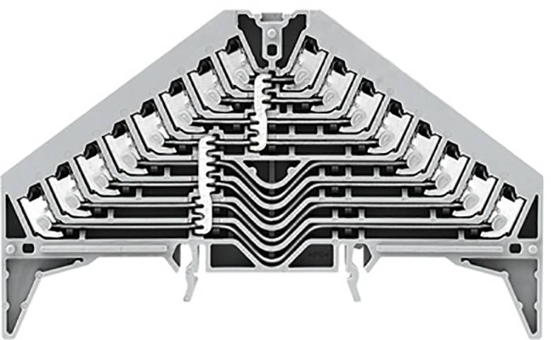 Un réseau complexe de bandes métalliques disposées symétriquement dans un boîtier en plastique gris, révélant une connexion électrique.