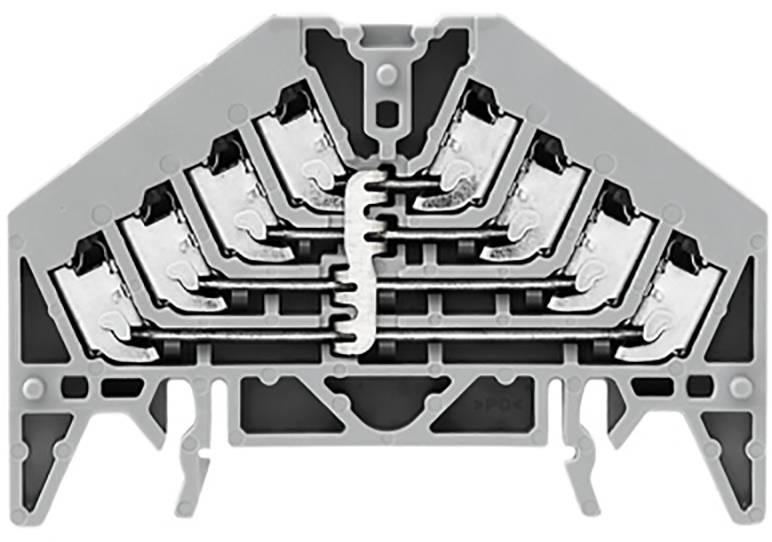 Un élément de connexion électrique gris avec plusieurs contacts métalliques et des bornes à vis reliant des fils dans un armoire électrique.