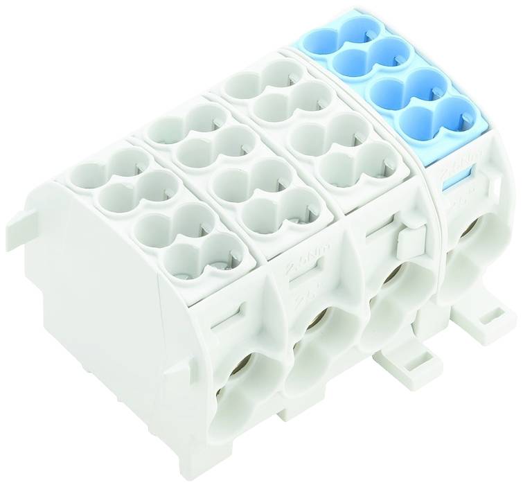 Un boîtier modulaire de bornes électriques gris et bleu, doté de plusieurs emplacements et d'éléments de verrouillage.