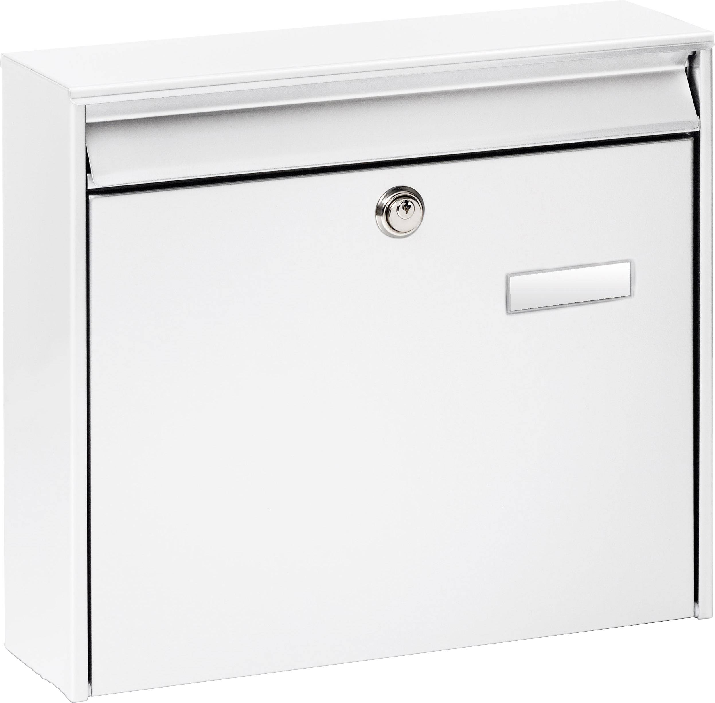 Une boîte aux lettres blanche avec une fente en haut et une serrure au milieu sur le côté droit, portant une plaque nominative. En tôle de Forex ou en matériau métallique.