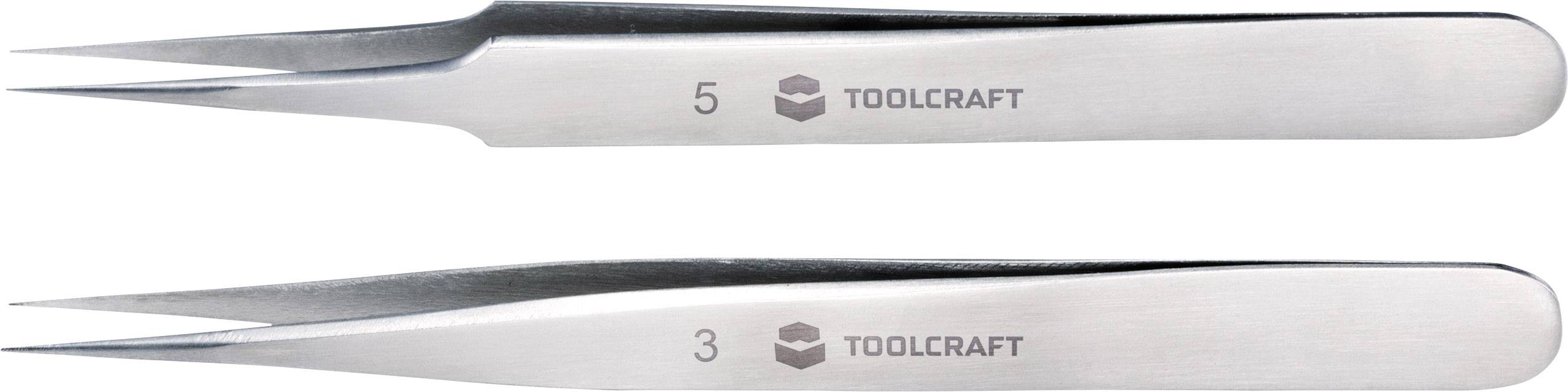 Deux pinces à épiler de précision en métal, chacune avec une pointe fine. Au-dessus des pointes, les numéros '5' et '3' ainsi que le logo 'TOOLCRAFT' sont visibles.