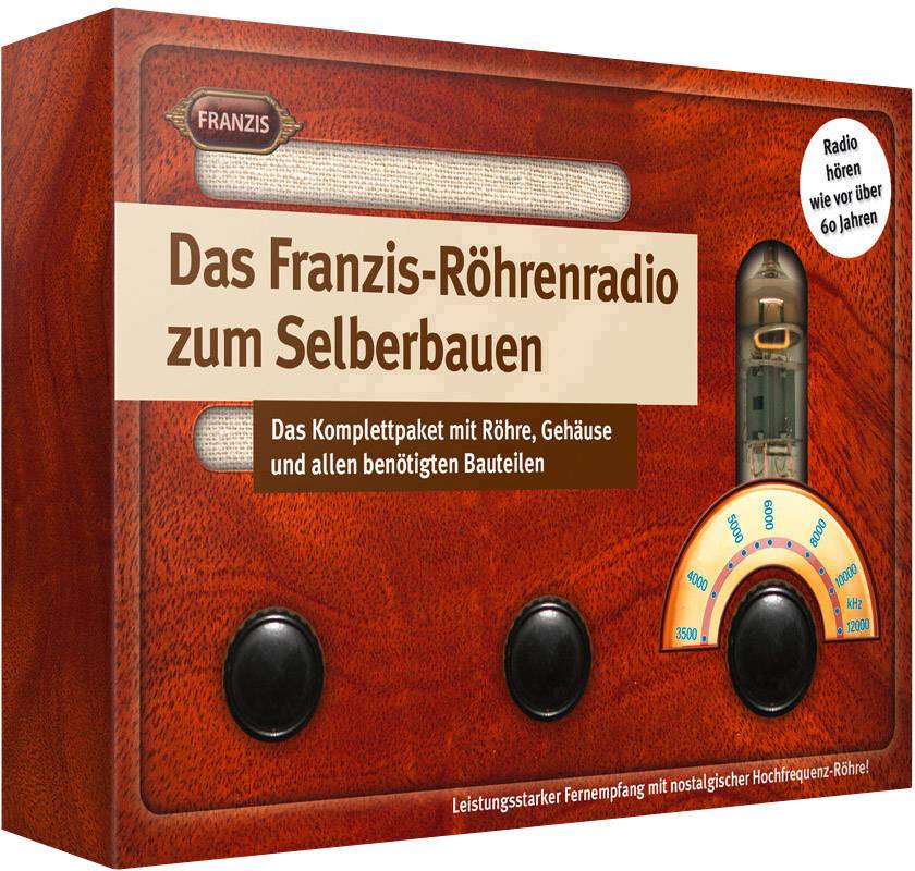 Kit pour radio à tubes Franzis. Sur l'emballage, il est écrit : « La radio à tubes Franzis à construire soi-même » et décrit les pièces nécessaires.