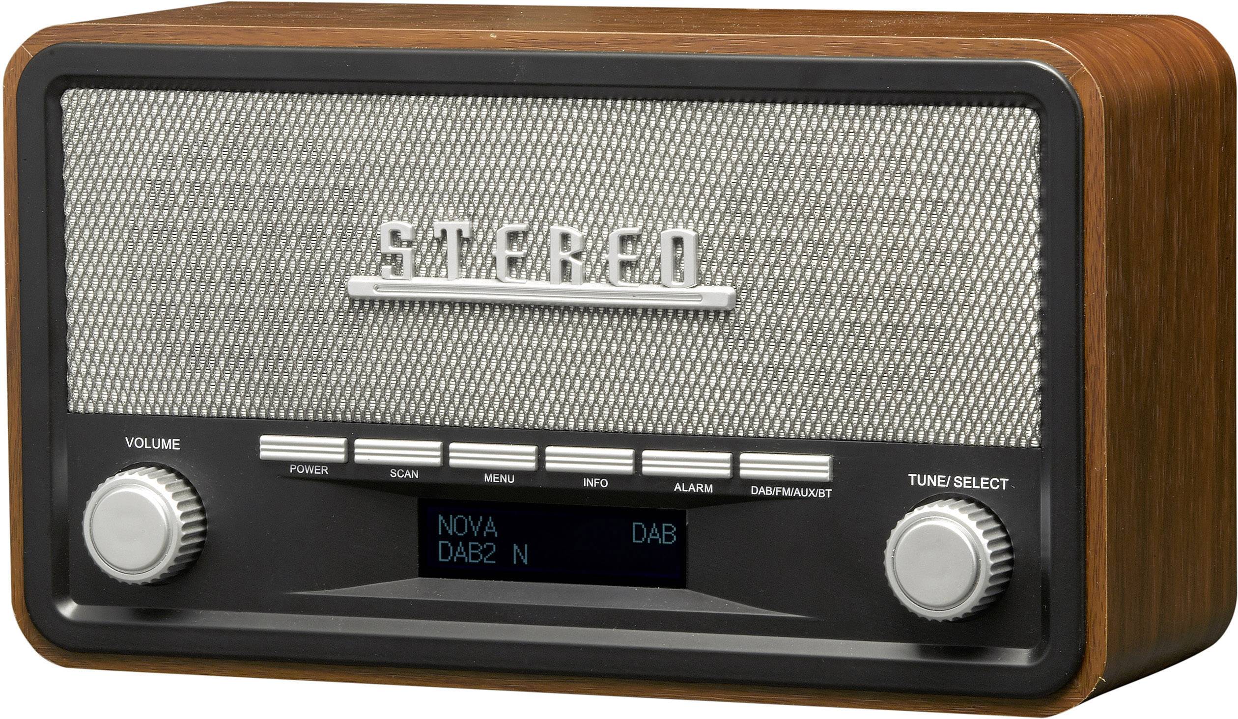 Un poste de radio rétro en bois avec des boutons rotatifs et un écran, affichant 'Stereo'. L'écran indique 'NOVA' et 'DAB'.