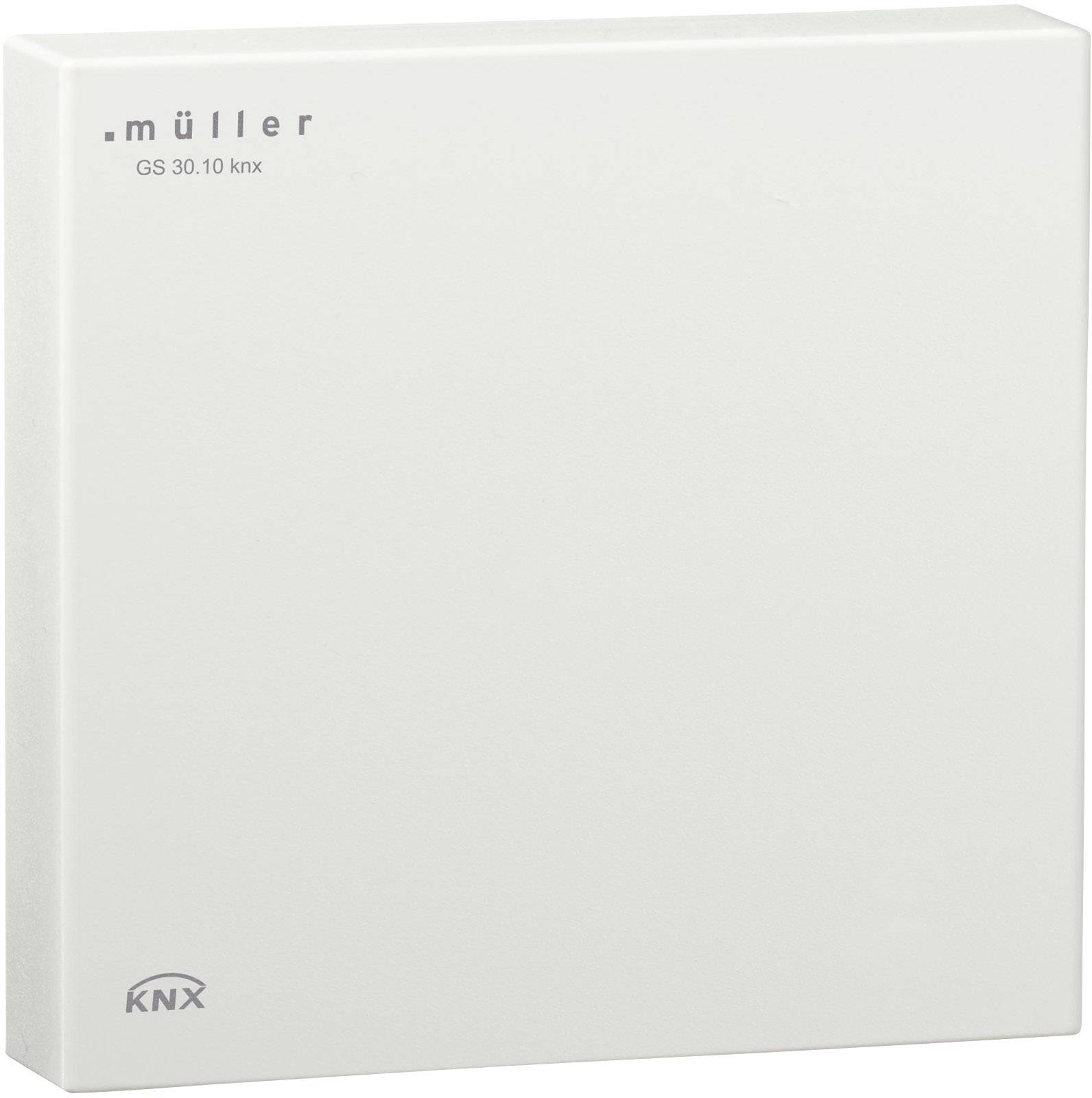 Un appareil électrique blanc de 'müller', modèle 'GS 30.10 knx', avec le logo KNX dans le coin, sur un fond gris clair.