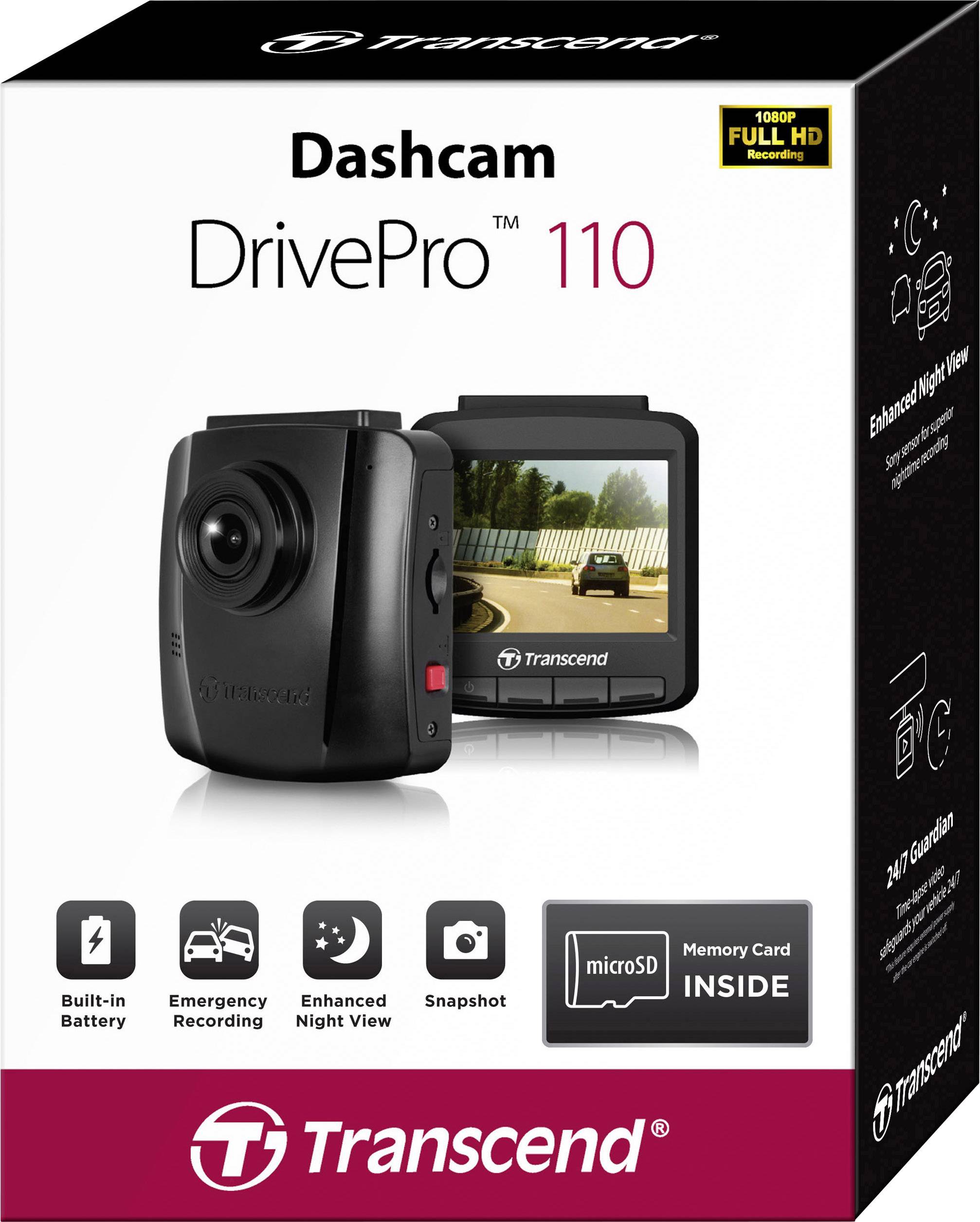Emballage du Dashcam Transcend DrivePro 110 avec une image de la caméra et de l'écran. Fonctionnalités : batterie intégrée, enregistrement d'urgence, vision nocturne.