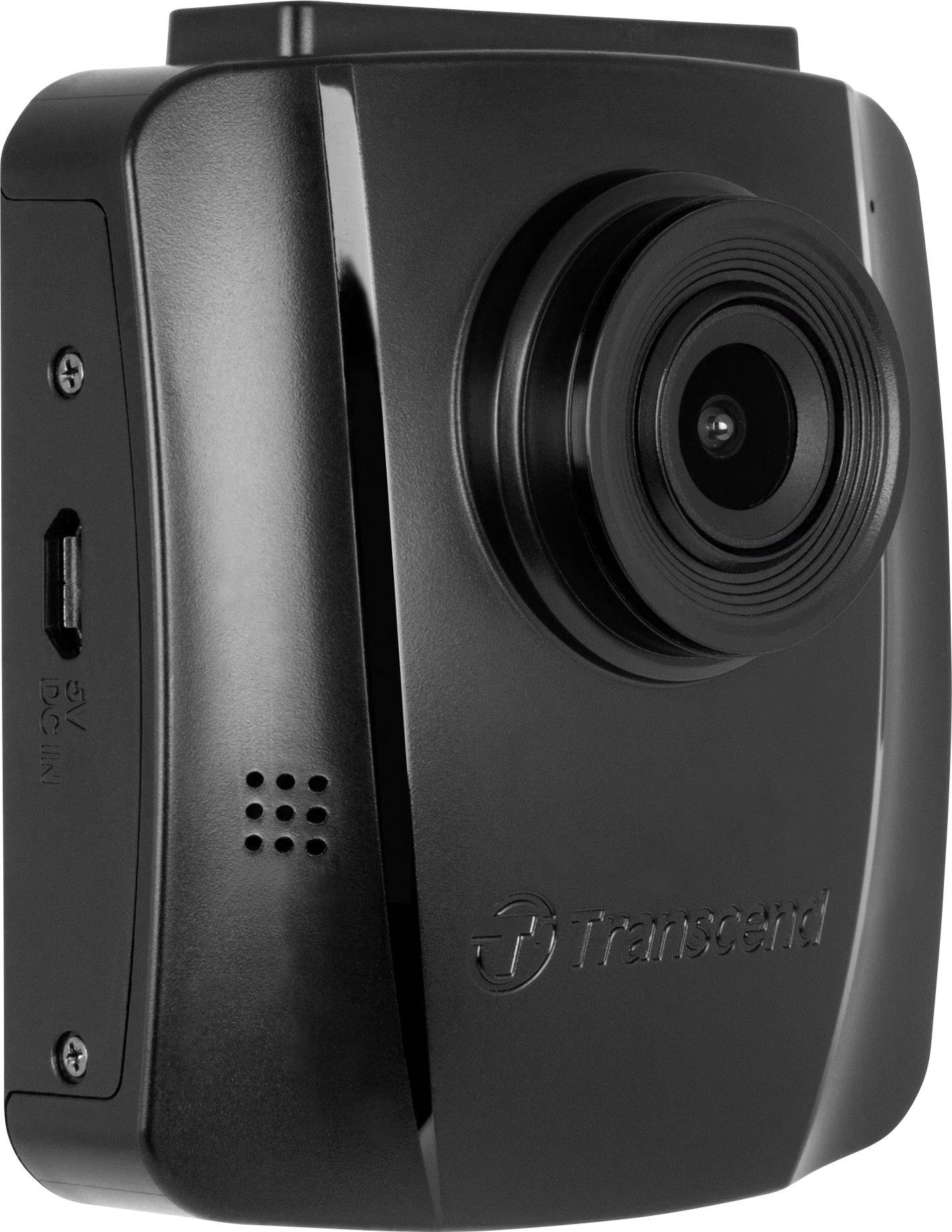 Une dashcam noire avec un objectif et des trous de microphone est visible de côté. Elle possède un port USB sur le côté gauche.