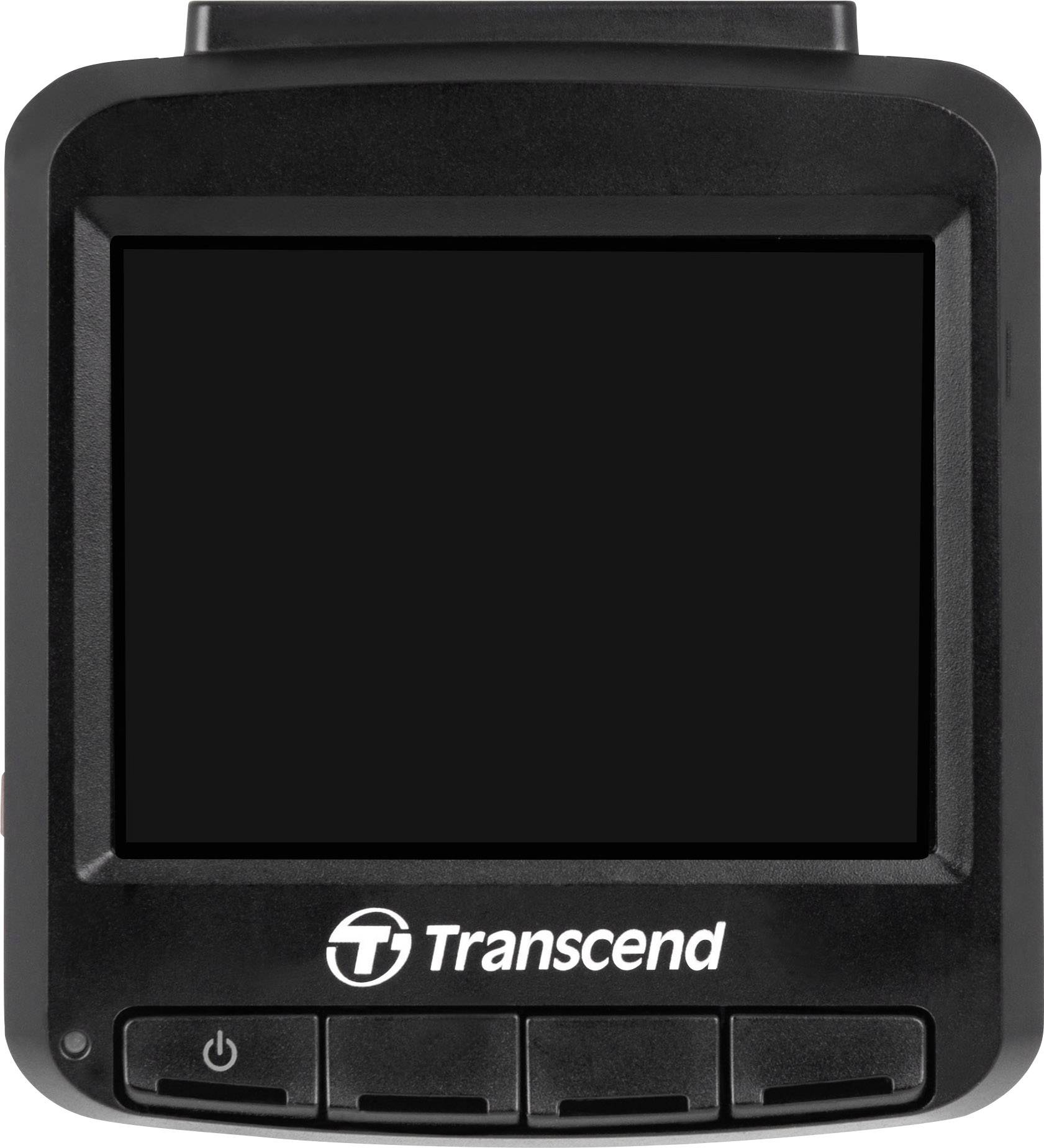 Caméra embarquée avec un écran noir et des boutons de commande en dessous ; la marque 'Transcend' visible en bas.