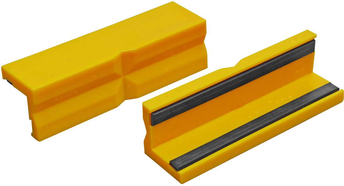Deux pièces en plastique orange avec une bande de caoutchouc noir, probablement utilisées comme dispositif de protection ou de maintien dans des outils.