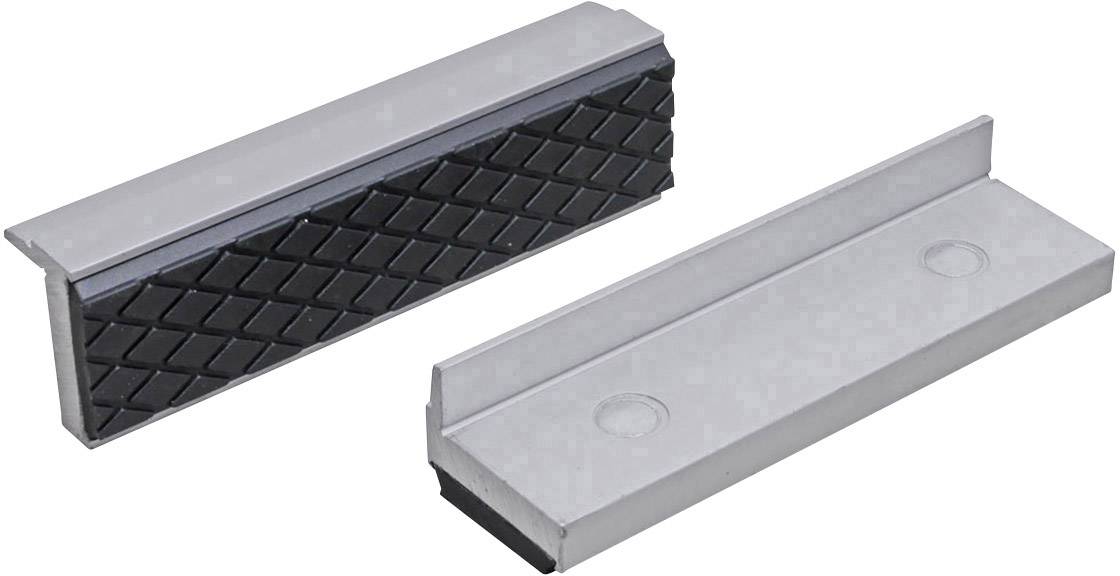 Deux pièces robustes en métal avec des insertions antidérapantes noires, placées côte à côte, probablement des accessoires d'outils ou des composants de machine.