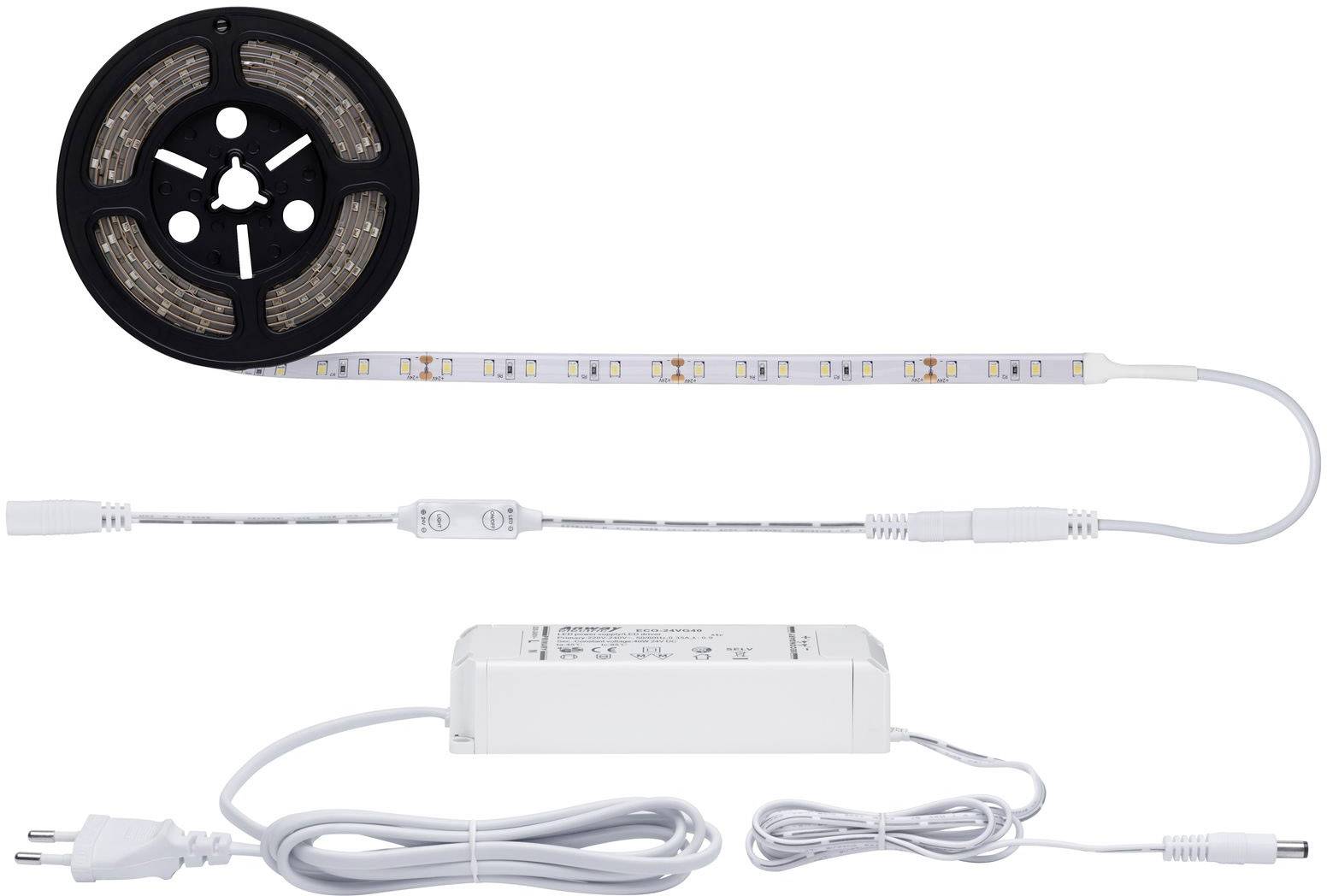 Kit de bande lumineuse LED avec alimentation et contrôleur. La bande est partiellement déroulée, prête à être installée.
