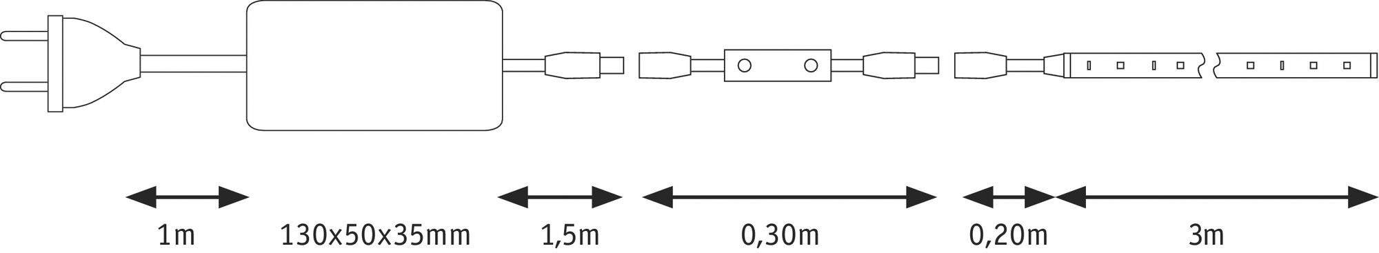 Schéma d'une barre lumineuse LED avec prise de courant, transformateur (130x50x35mm) et longueurs de câble : 1m, 1,5m, 0,30m, 0,20m, 3m.