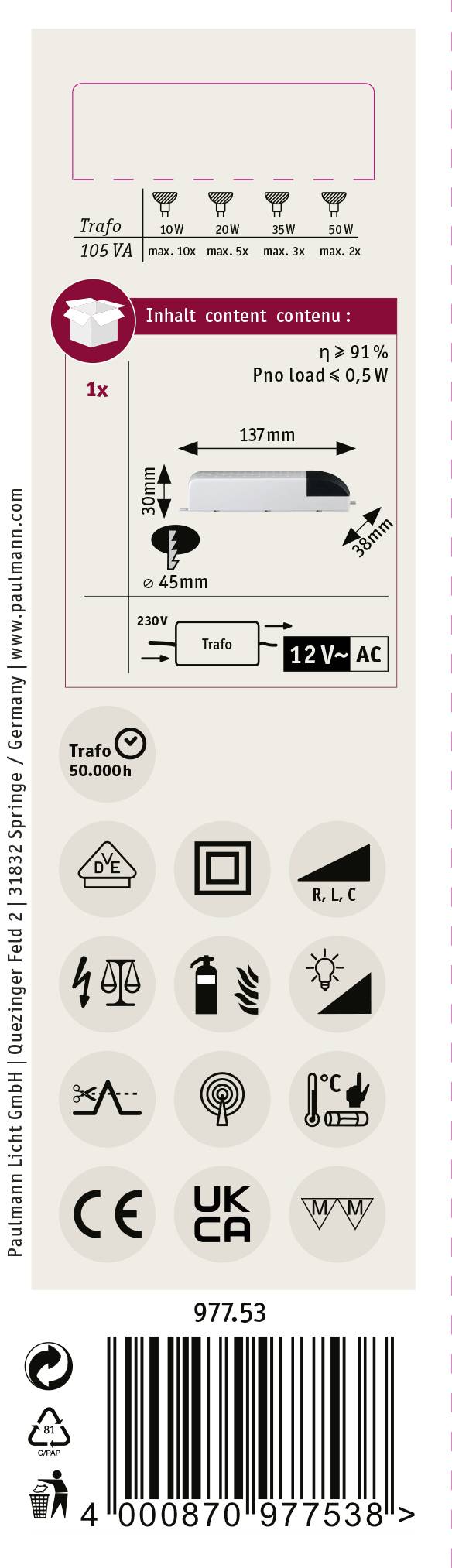 Étiquette de produit montrant les spécifications techniques pour une lampe LED, comprenant la tension, la consommation électrique et les dimensions. Des symboles de certificats de sécurité et de qualité sont illustrés ci-dessous.