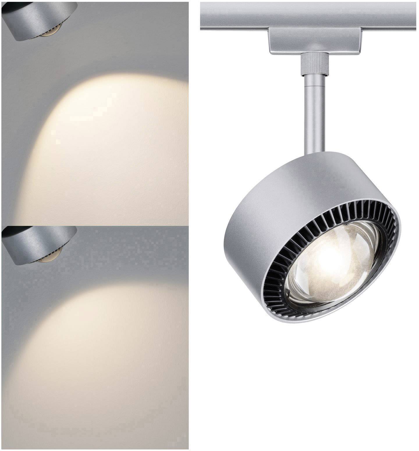 Plafonnier au design cylindrique moderne, à tête ajustable. Deux images lumineuses présentent différentes intensités d'éclairage.