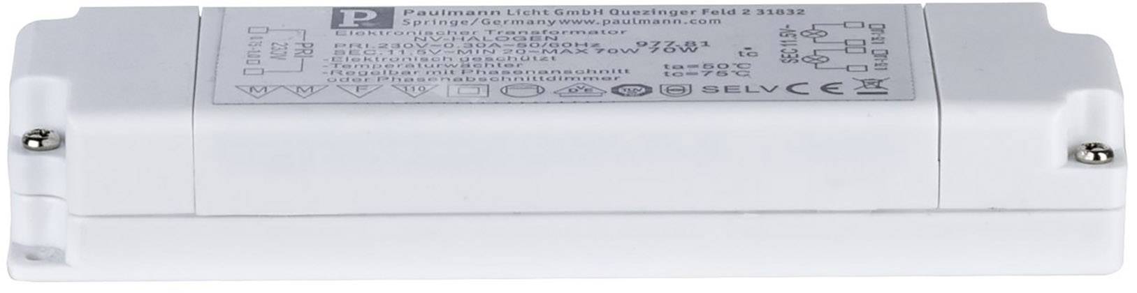 Bloc d'alimentation de Paulmann avec spécifications techniques sur le dessus, utilisé pour les luminaires LED.