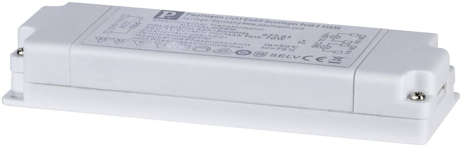 Appareil électronique rectangulaire blanc avec plusieurs symboles et texte sur sa surface. Fentes de montage sur les côtés.