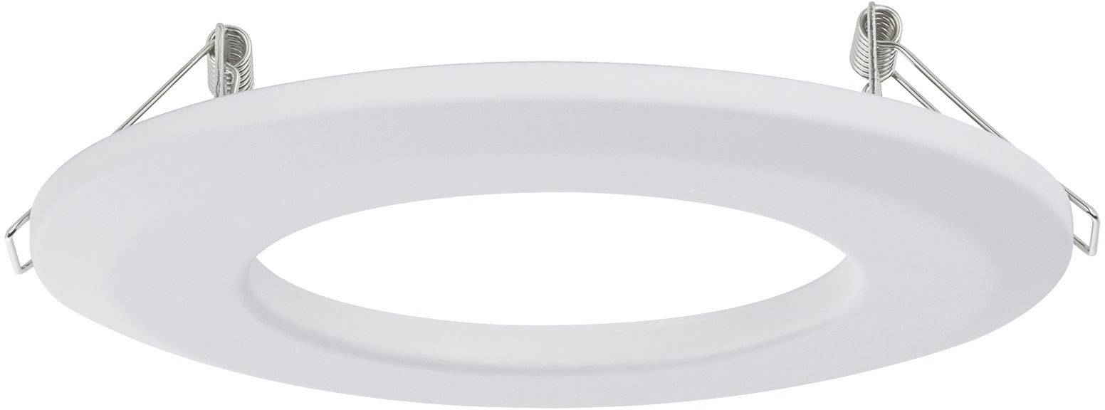 Un cadre rond blanc à LED avec deux clips de fixation métalliques, adapté pour l'installation de luminaires de plafond.