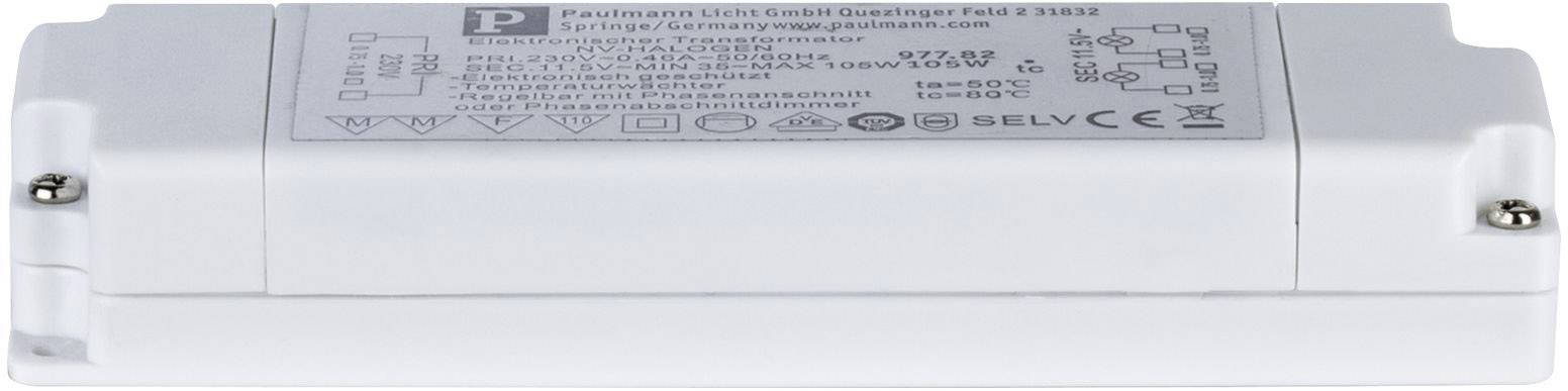 Un appareil électrique blanc, probablement un pilote LED, portant des impressions de spécifications techniques et de mises en garde sur sa surface supérieure.