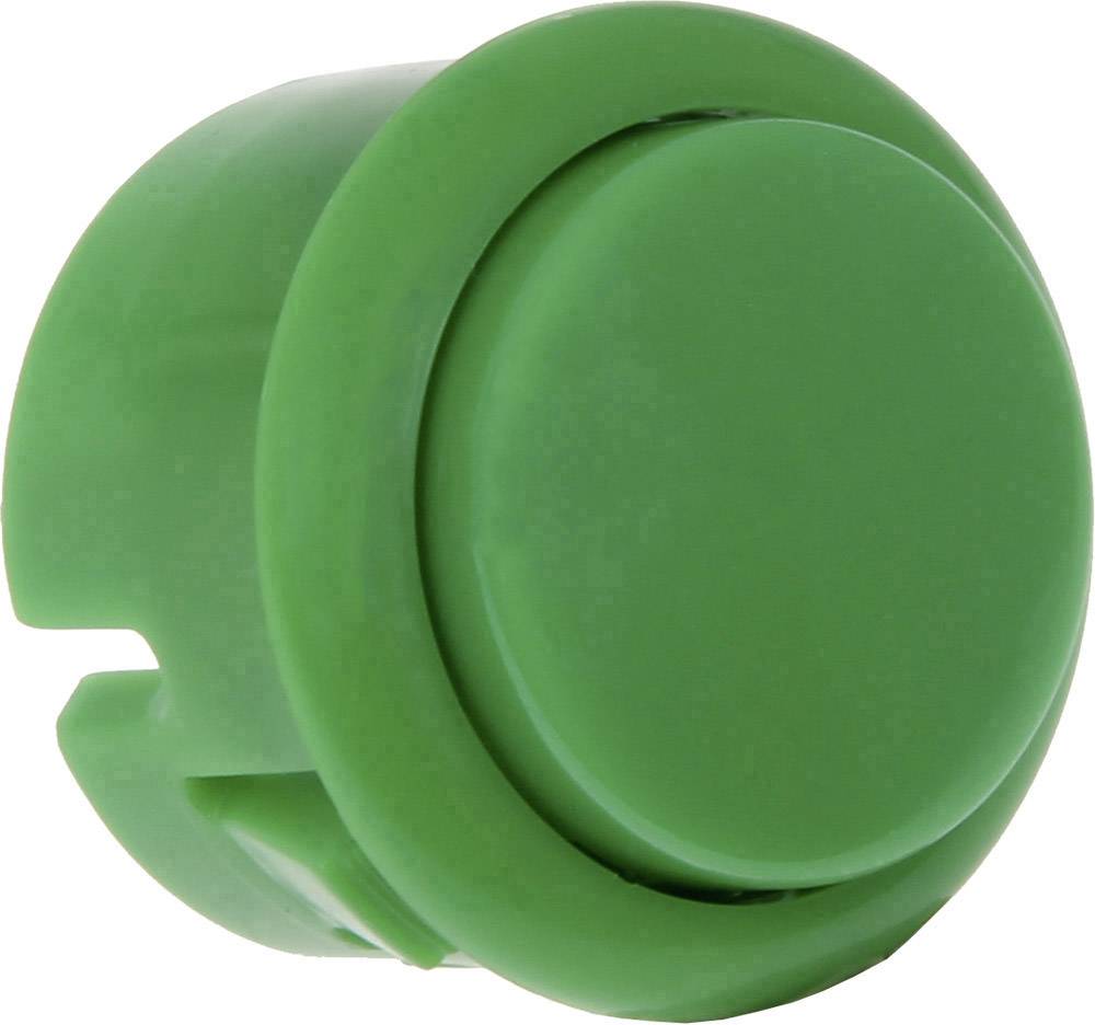 Un bouton en plastique vert, rond, à surface lisse et au centre légèrement surélevé, donne l'impression d'un bouton-poussoir.