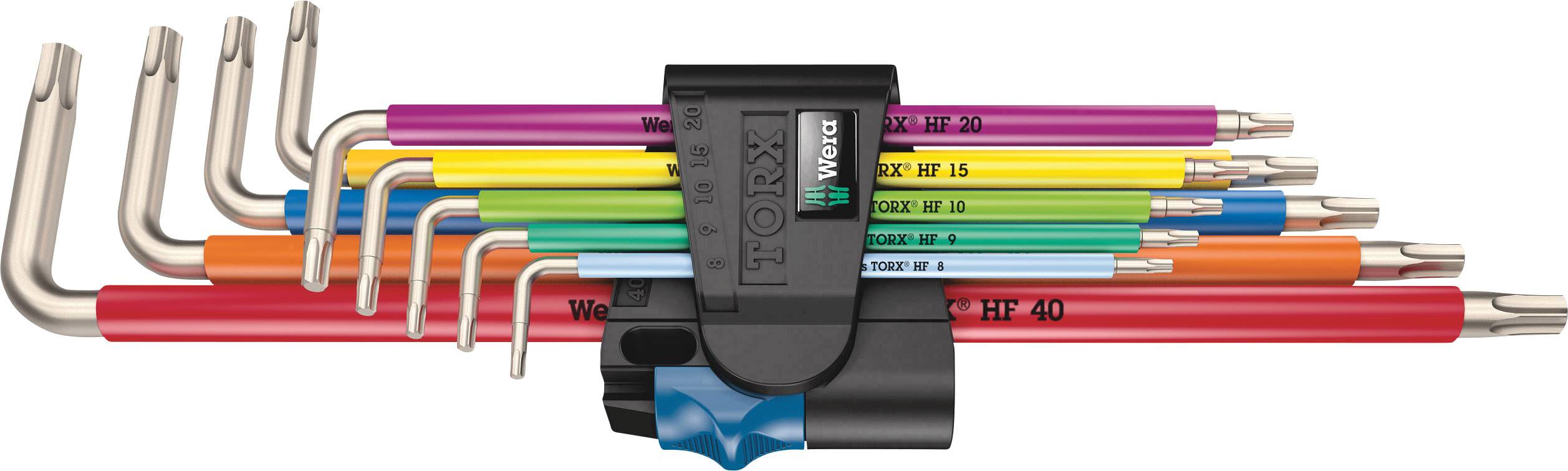 Un ensemble de tournevis à angle colorés avec support. Chaque taille est identifiée par une couleur différente.