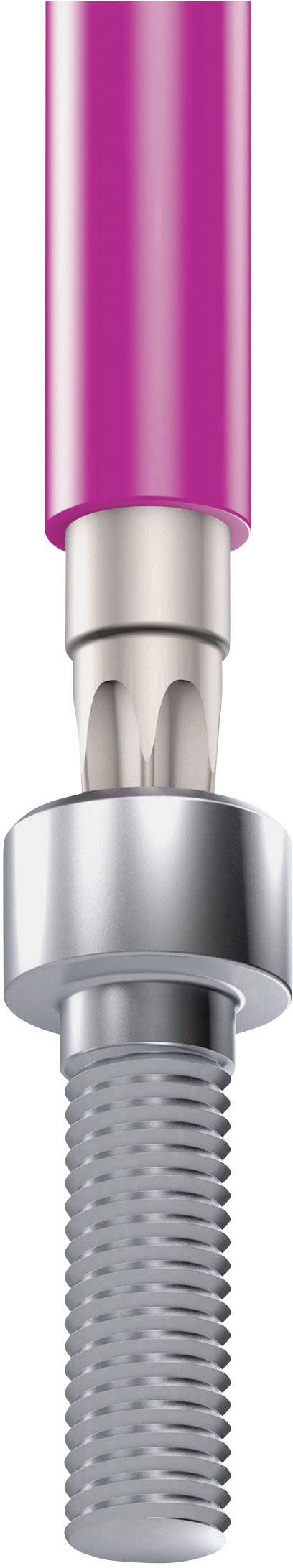 Un instrument dentaire rose pour l'entretien des implants présente une brosse étroite insérée dans un support en forme de vis.