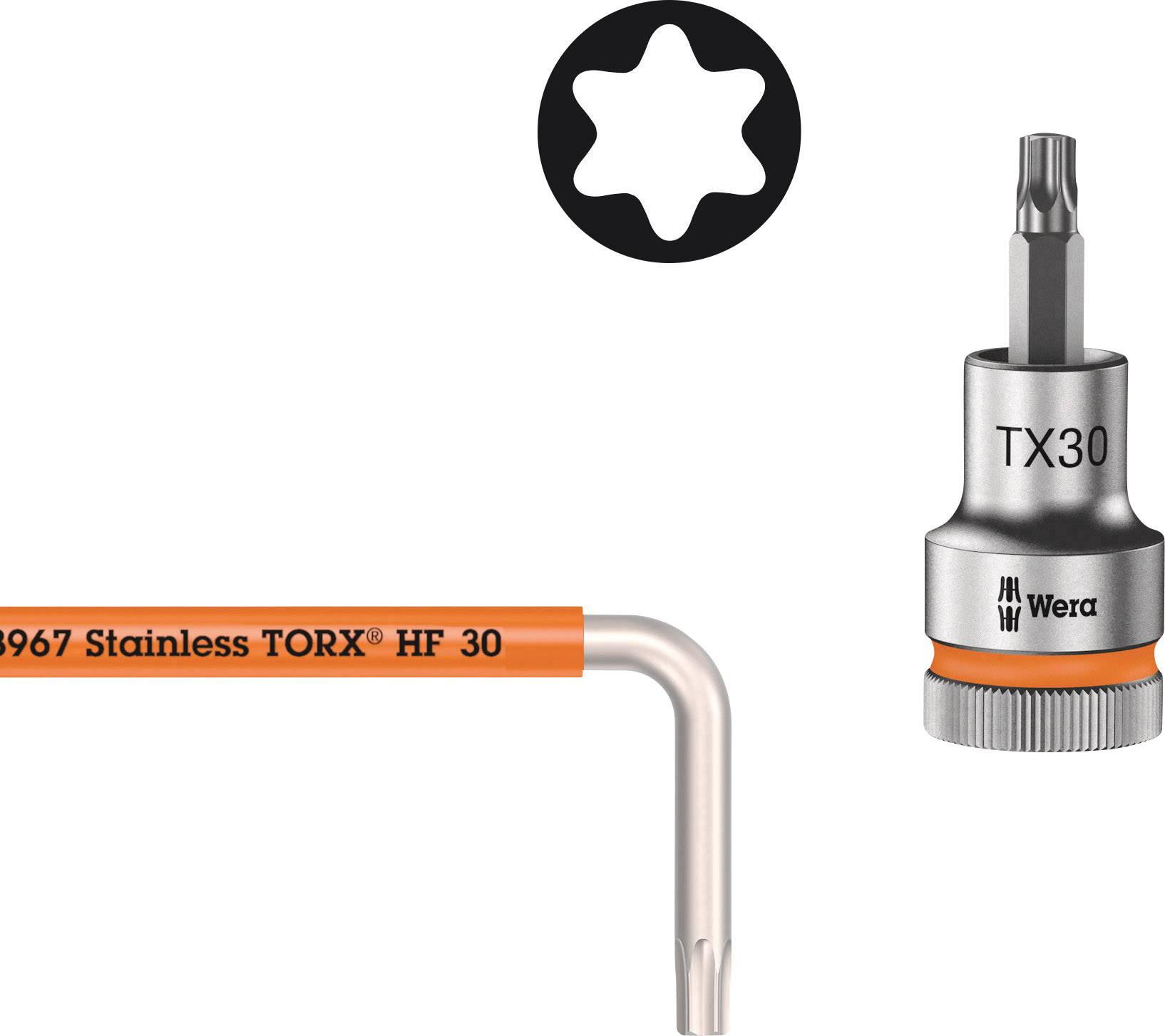 Une clé Allen TORX en L et une douille TORX portant l'inscription 'TX30' de Wera, avec un symbole représentant l'étoile TORX.