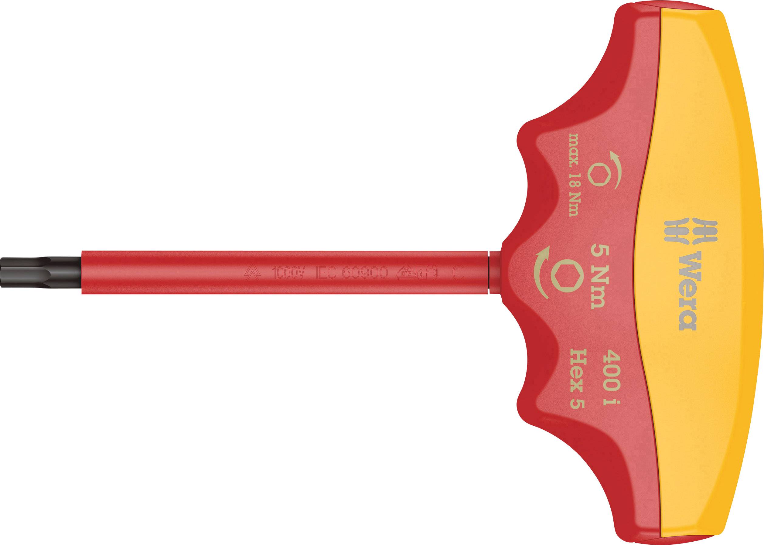 Tournevis à cliquet Wera en forme de T, rouge et jaune, avec inscription : '5 Nm', '400 i', 'Hex 5', pour un contrôle précis du couple de serrage.