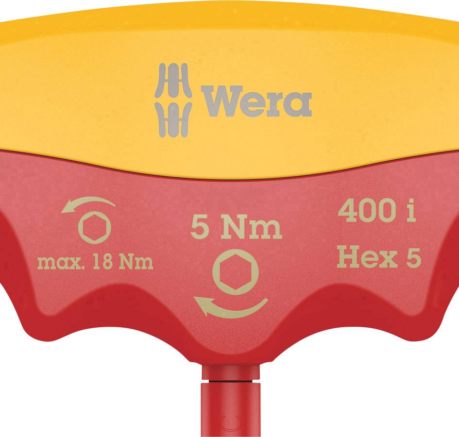 Une clé dynamométrique Wera, rouge et jaune, indiquant '5 Nm', avec un maximum de '18 Nm', et 'Hex 5', adaptée aux travaux de vissage précis.