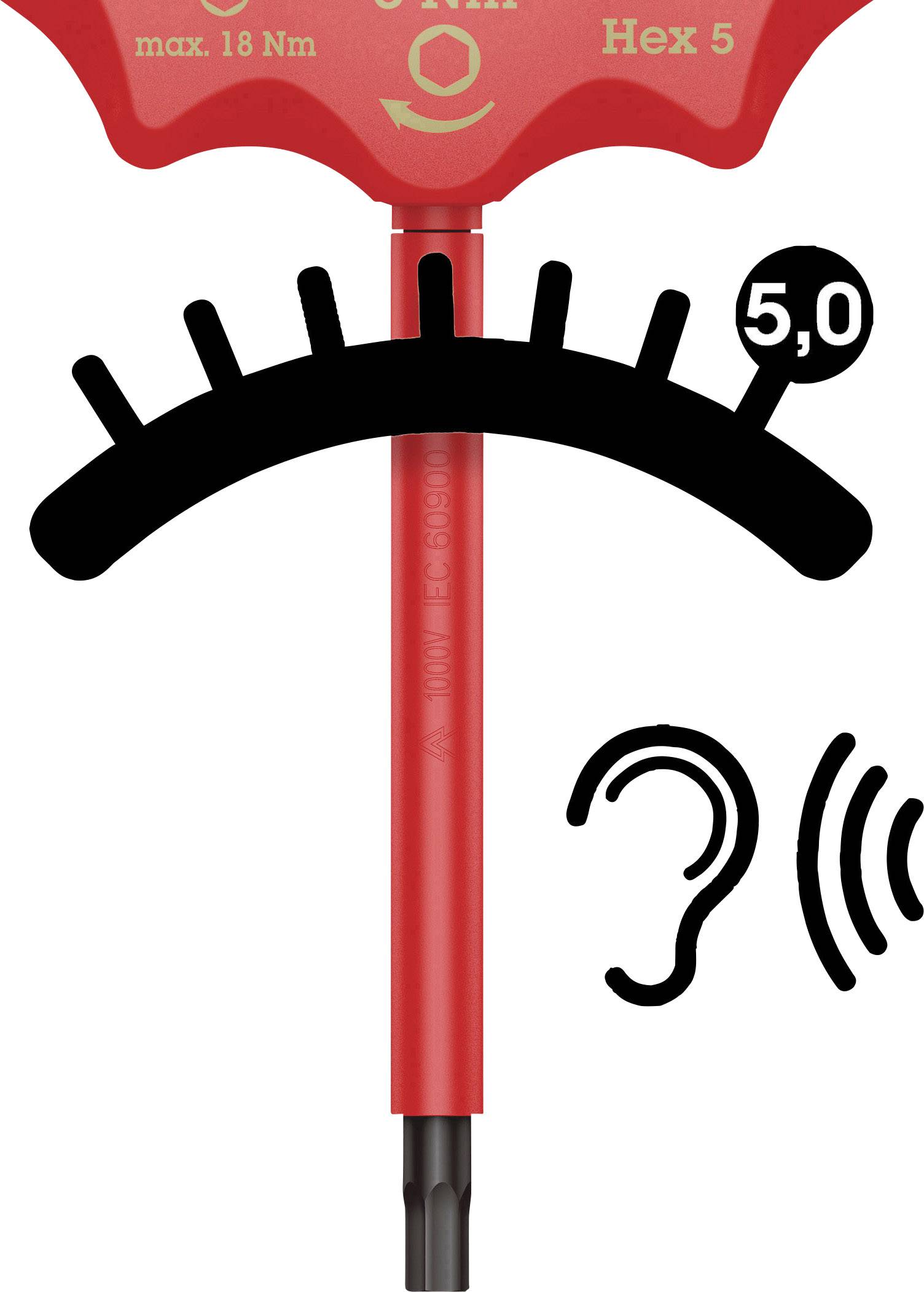 Clé dynamométrique rouge avec échelle, jusqu'à 18 Nm. Marquages noirs pour l'indication du couple, à côté un symbole de contrôle sonore.