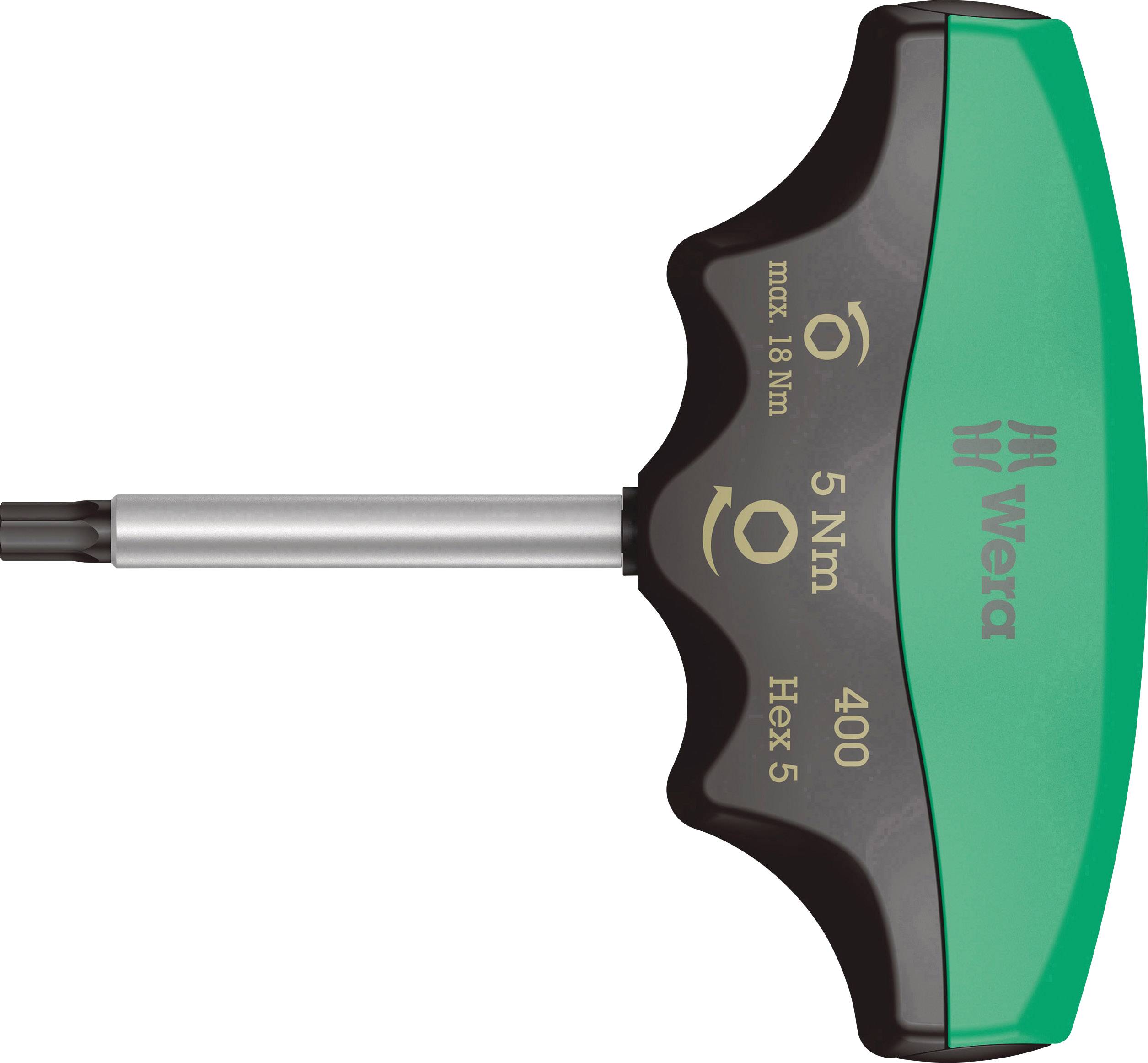 Clé dynamométrique Wera, max. 18 Nm, préréglée à 5 Nm, taille Hex 5, poignée ergonomique en vert et noir.