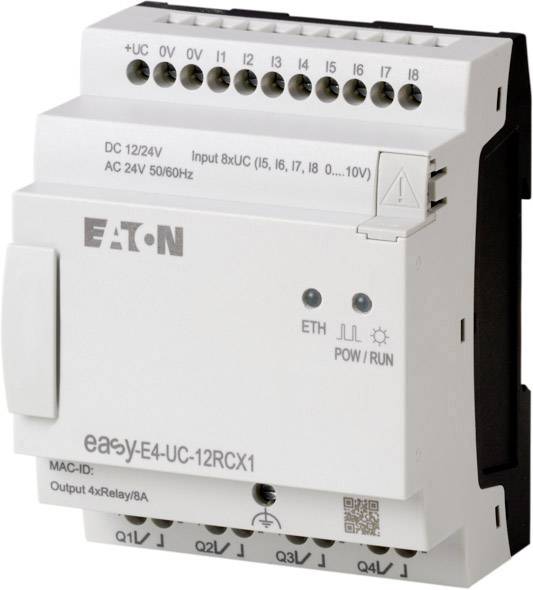 Un boîtier de commande électrique étiqueté 'Eaton easyE4-UC-12RCX1'. Il dispose de connexions pour l'alimentation électrique et le contrôle, ainsi que des voyants LED.